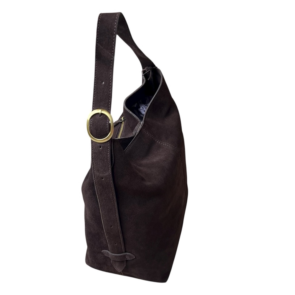 Chocolate Brown 100% Genuine Suede Leather Slouchy Hobo Bag Gold Buckle Strap - Picture 4 of 16